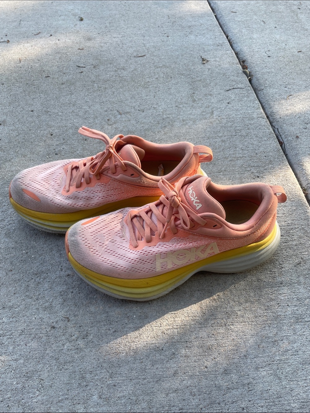 Hoka Bondi Peach Pink and Yellow Women's Running Shoes